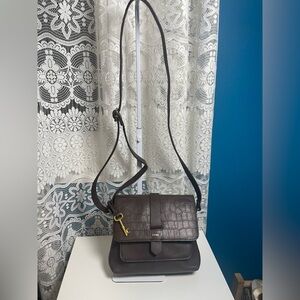 Fossil Brown Croc-Embossed Leather Crossbody Bag
